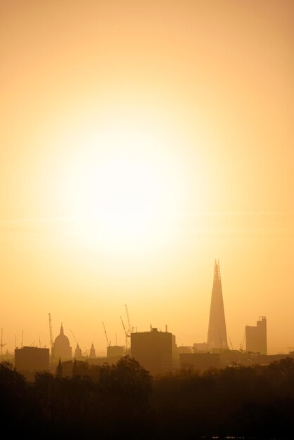 UK, Londen, skyline met St Paul's Cathedral en The Shard in ochtend tegenlicht