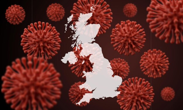 Uk map over a scientific virus microbe background d rendering