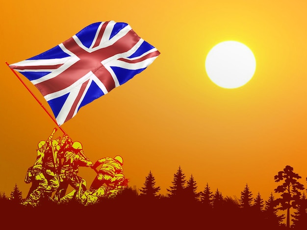 UK national flag hoisting by brave freedom fighters veterans symbol of national independence