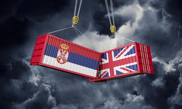영국과 세르비아 비즈니스 무역 거래 충돌 화물 컨테이너 d 렌더링