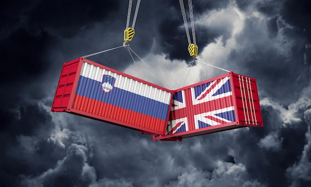 영국과 슬로베니아 비즈니스 무역 거래 충돌 화물 컨테이너 d 렌더링