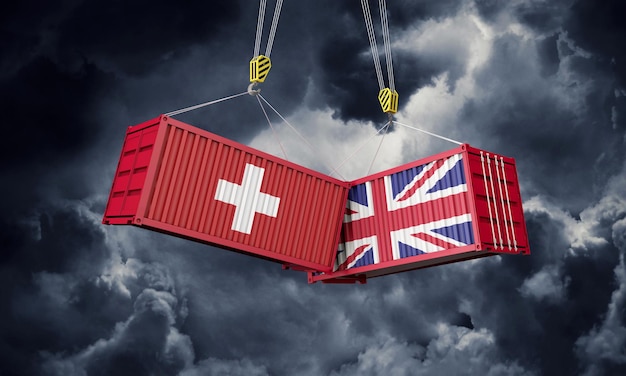 Uk and switzerland business trade deal clashing cargo containers d render