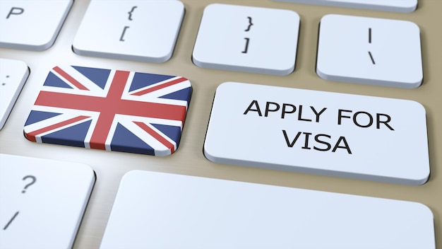 UK United Kingdom Apply for Visa Concept Button Push 3D Illustration Visa Apply for Country