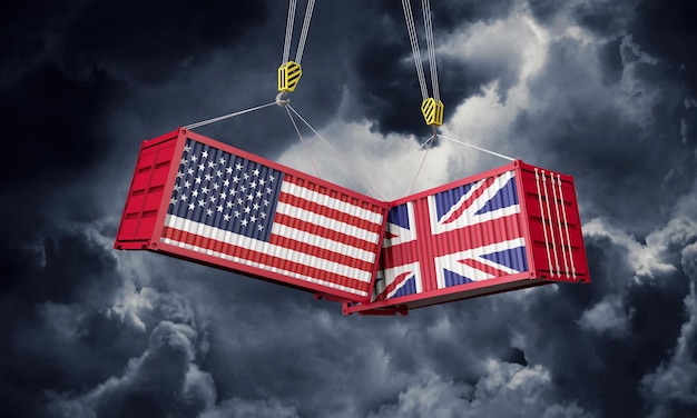 Uk and usa business trade deal clashing cargo containers d render