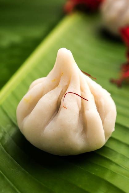 Ukdiche Modak are steamed dumplings with an outer rice flour dough and a coconut-jaggery stuffing, Indian food offered to lord ganesha on Chaturthi