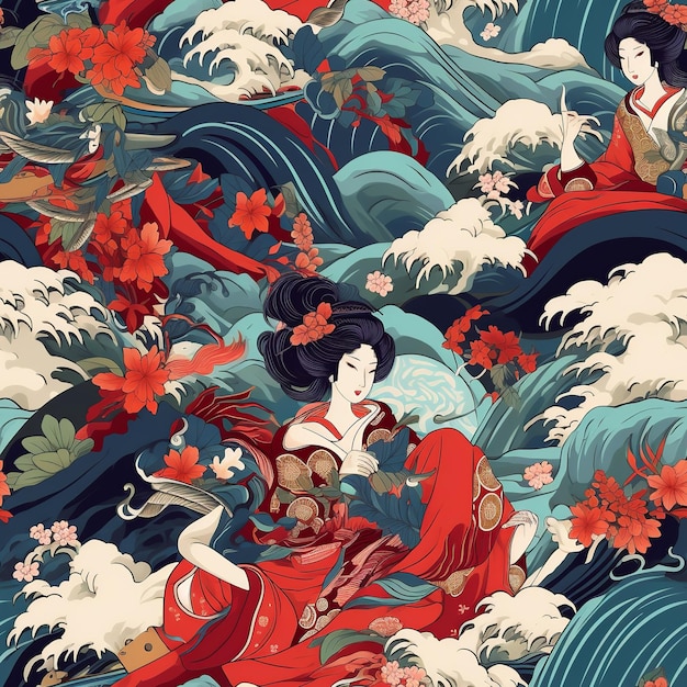 Ukiyoe Inspired A Vivid Seamless Pattern