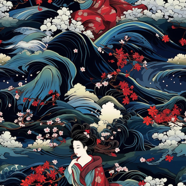 Ukiyoe Inspired A Vivid Seamless Pattern