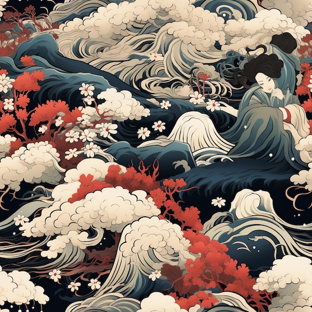 Ukiyoe inspireerde een levendig naadloos patroon