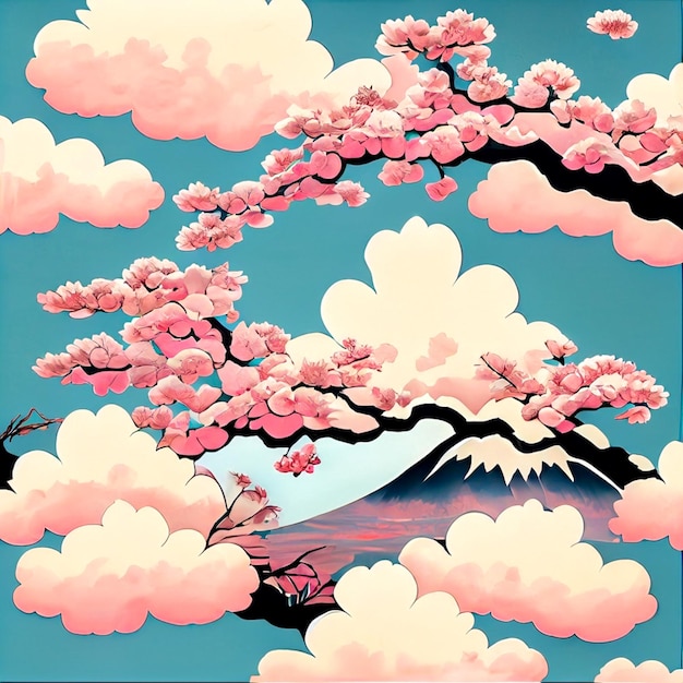 Ukiyoe-stijl ontwerp van kersenbloesems en wolken