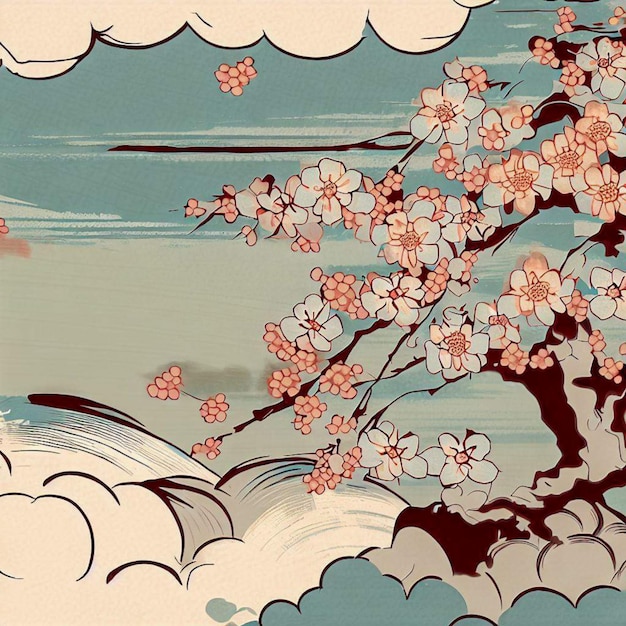 ukiyoe-stijl ontwerp van kersenbloesems en wolken