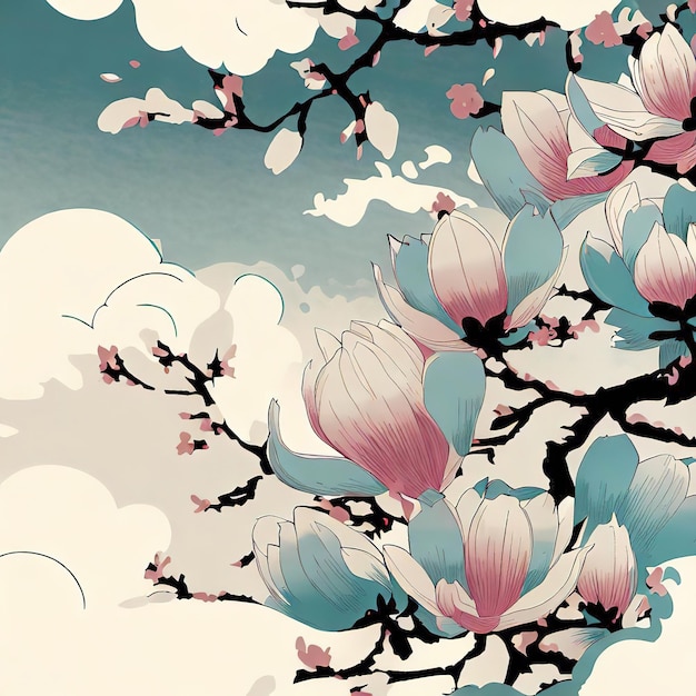 Ukiyoe-stijlontwerp van kersenbloesems en wolken in roze tonen en kleuren Aigenerated illustratie