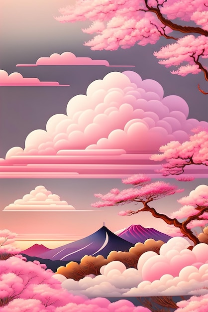 Ukiyoe style design of cherry blossoms and clouds in pink tones and colors Aigenerated illustration