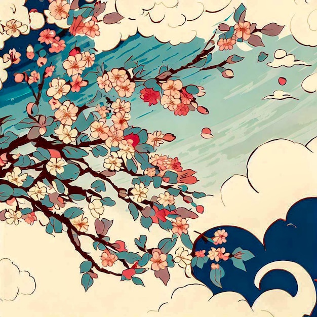Дизайн в стиле укиёэ с цветущей вишней и облаками