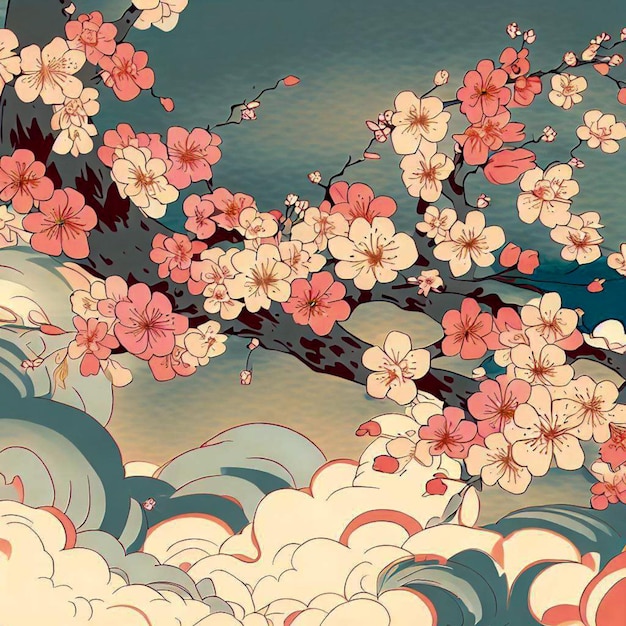 ukiyoe style design of cherry blossoms and clouds