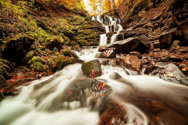 Ukpaine cascata tra le rocce muschiose splendido paesaggio rapide su un fiume di montagna nella foresta autunnale nelle montagne dei carpazi al tramonto flusso d'argento nel parco nazionale shypit carpat pilipets