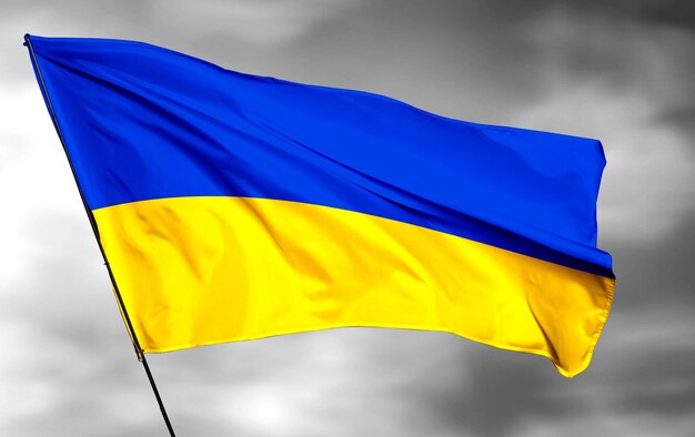 ukraine 3D waving flag and grey cloud background Image