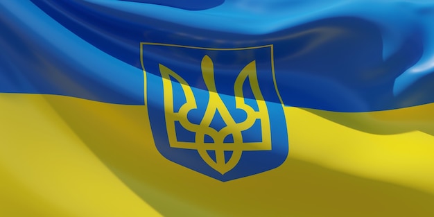 Ukraine coat of arms flag ukrainian national trident sign\
waving texture background 3d render