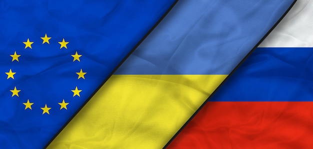 우크라이나, 유럽 연합, 러시아 섬유 플래그입니다. 추상적인 국제 정치 관계,