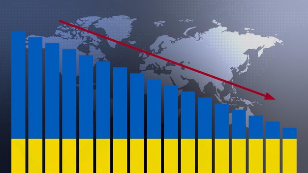 경제 위기 정치의 가치 개념 감소와 가로 막대형 차트 개념에 우크라이나 플래그 플래그와 전쟁 개념 충돌
