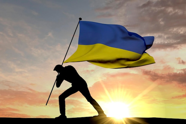 Ukraine flag being pushed into the ground by a male silhouette 3D Rendering