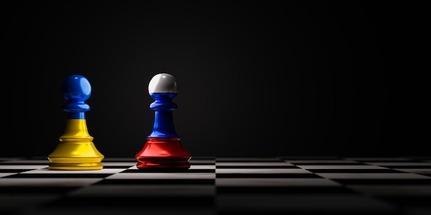 Ukraine flag and Russia flag on chess on chess board forth countries political conflict and war concept by 3d rendering technique