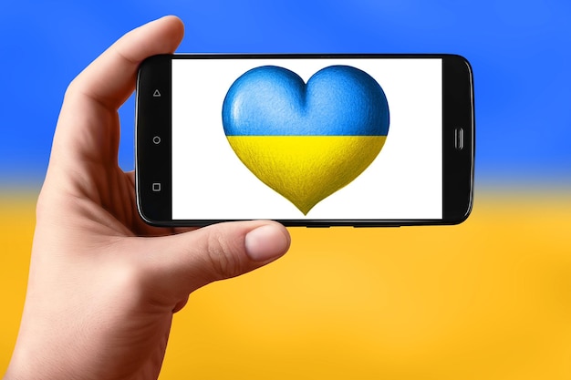 Ukraine flag in the shape of a heart on the phone screen Smartphone in hand shows a heart flag