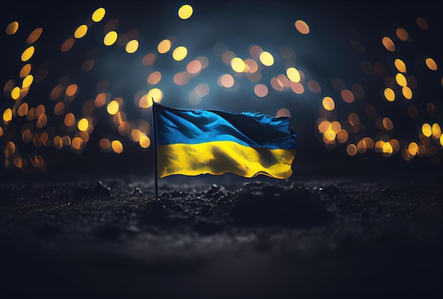 Ukraine flag with colorful shiny bokeh light background Nation flag in the dark with illumination light National day concept Generative AI