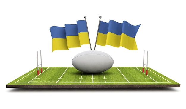 Ukraine flags with a rugby ball and pitch 3D Rendering