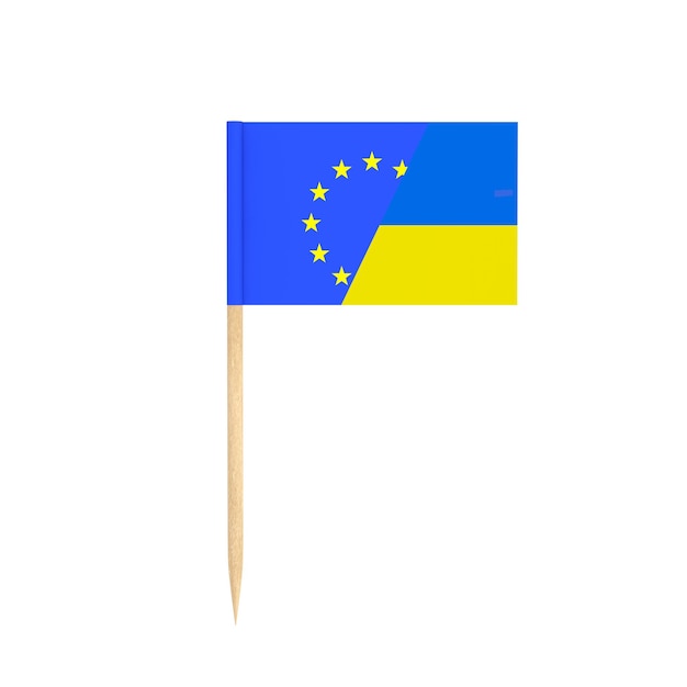 Ukraine Is Europe Concept Mini Paper Half Part of Ukraine and European Union Pointer Flag on a white background 3d Rendering