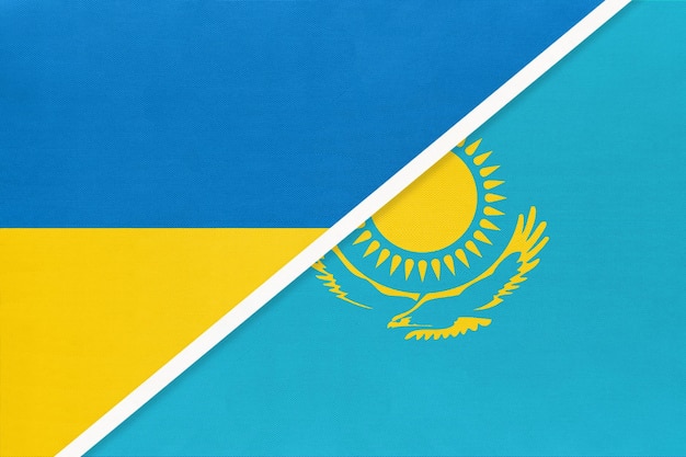 Ukraine and Kazakhstan symbol of country Ukrainian vs Kazakhstani national flags Relationship and partnership between two countries