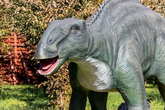 Ukraine, Khmelnitsky, October 2021. Dinosaur, edmontosaurus close up with open mouth