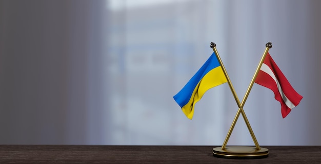 라트비아와 우크라이나 간의 테이블 협상에 우크라이나와 라트비아 플래그