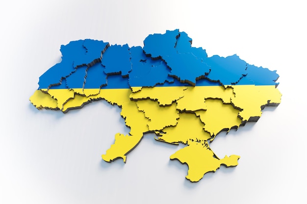 Ukraine map with flag colors and shadow on white background by 3D rendering