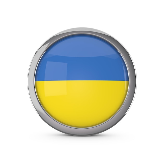 Ukraine national flag in a glossy circle shape with chrome frame 3D Rendering