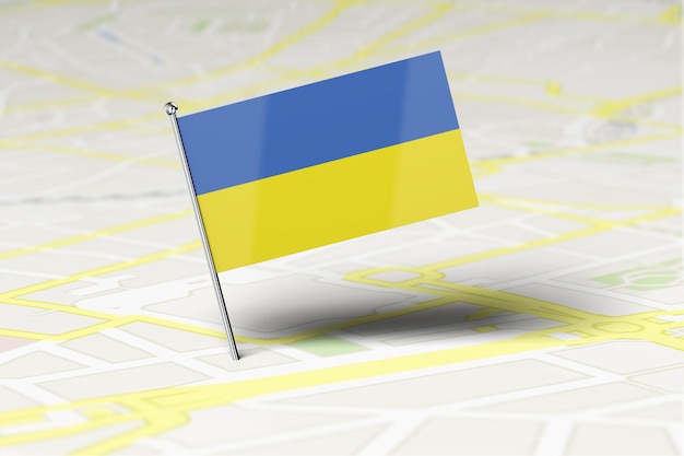 Ukraine national flag location pin stuck into a city road map\
3d rendering