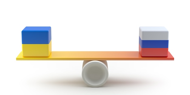 Ukraine and Russia Conflict. Country Flags Cube on Seesaw. 3d Illustration