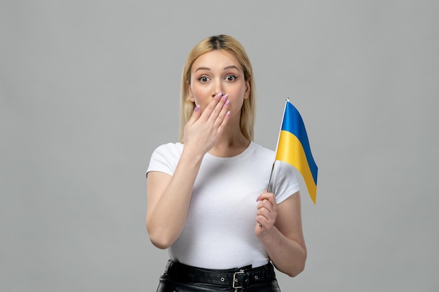 Ukraine russian conflict blonde cute girl with red lipstick and ukrainian flag covering mouth