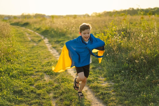 Ukraine's Independence Day Ukrainian child boy in white t shirt with yellow and blue flag of Ukraine in field Flag of Ukraine Constitution day Stand with Ukraine Save Ukraine