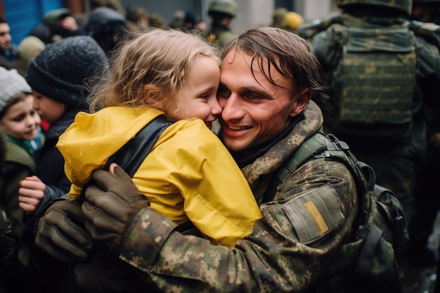 Ukraine Soldier embracing his wife and kids on his homecoming