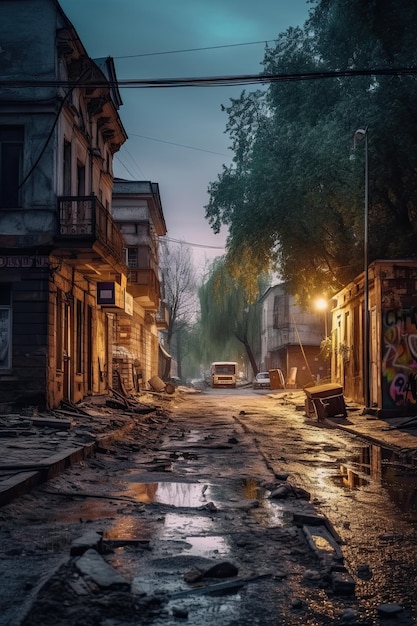 Ukraine street after war in the evening