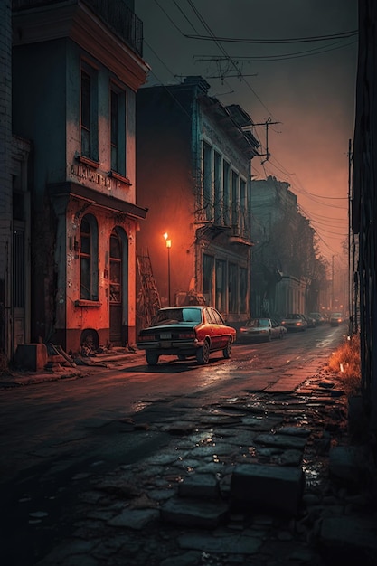 Улица Украины с красными фонарями вечеромAI Generated