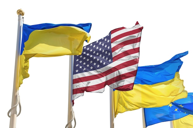 Photo ukraine ukrainian flag and us usa flags