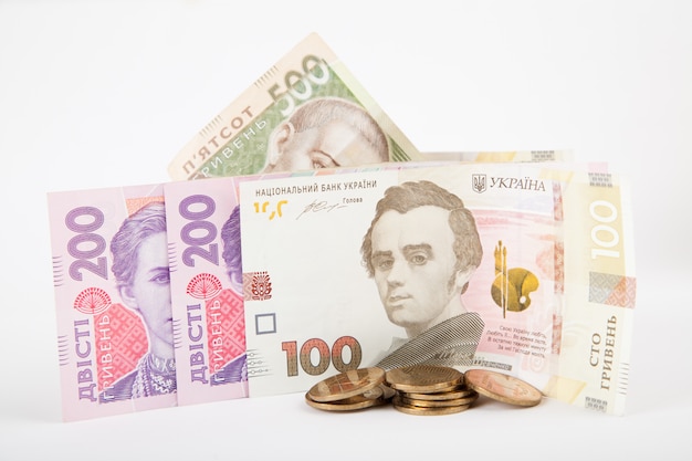 Ukrainian banknotes, a stack of money on a white background