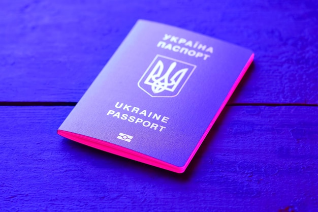 Ukrainian biometric passport on dark background ukrainian international passport