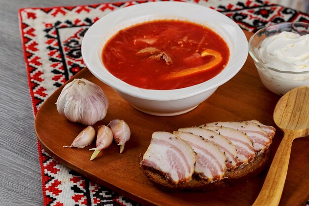 Ukrainian borsch fat sour cream pepper and garli