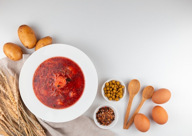 Ukrainian borscht soup and ingredients