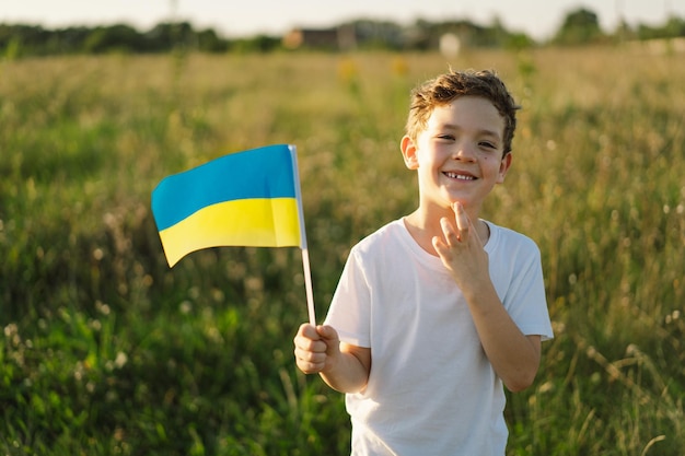 Ukrainian child boy in white t shirt with yellow and blue flag of Ukraine in field