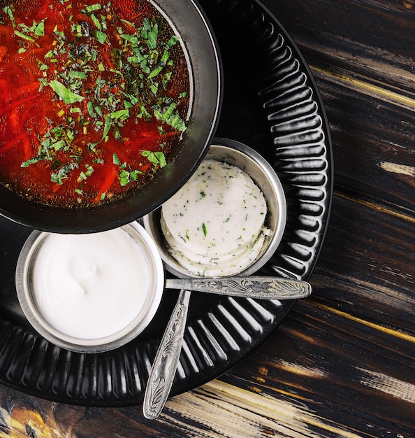 Ukrainian cuisine borscht with sour cream