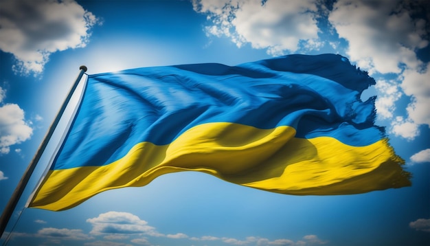 Ukrainian flag against the blue sky background.