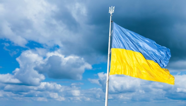 Ukrainian flag on blue sky backgroud